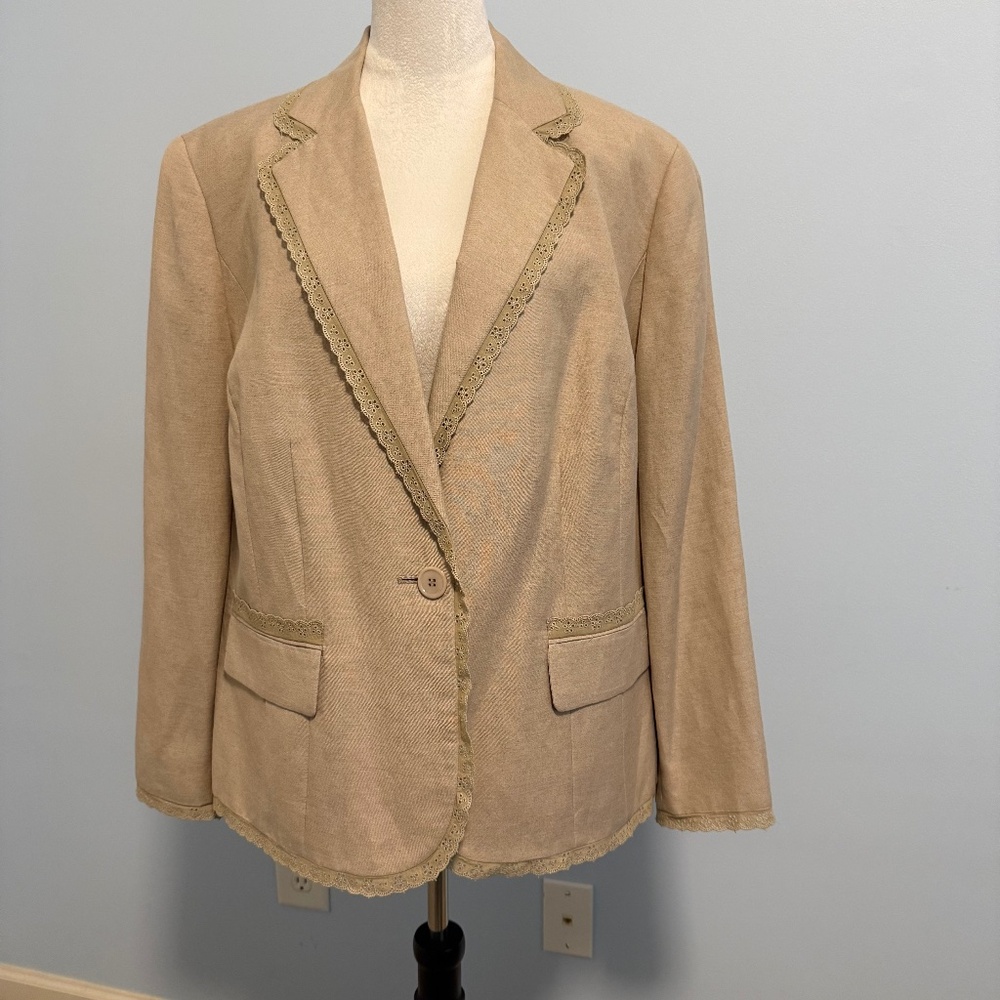 Judith Hart Woman Linen Blend Lace Trim Tan Lined Blazer Jacket Size 16W